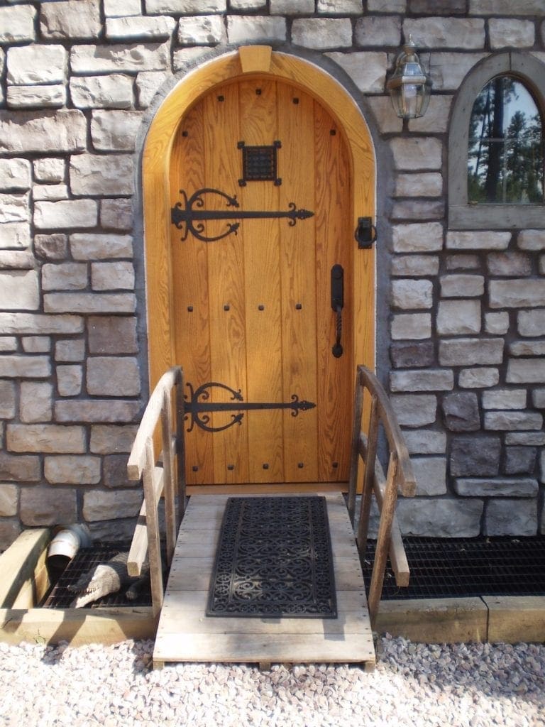 Wooden doors in stone building
